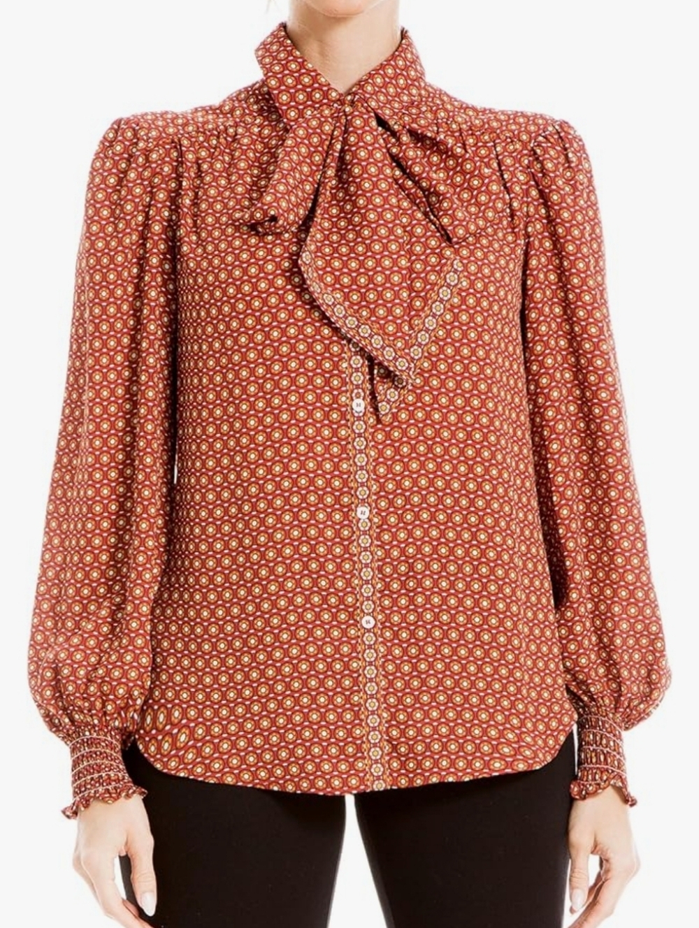 NWT- Max Studio Women's Long Sleeve Tie Neck Blouse